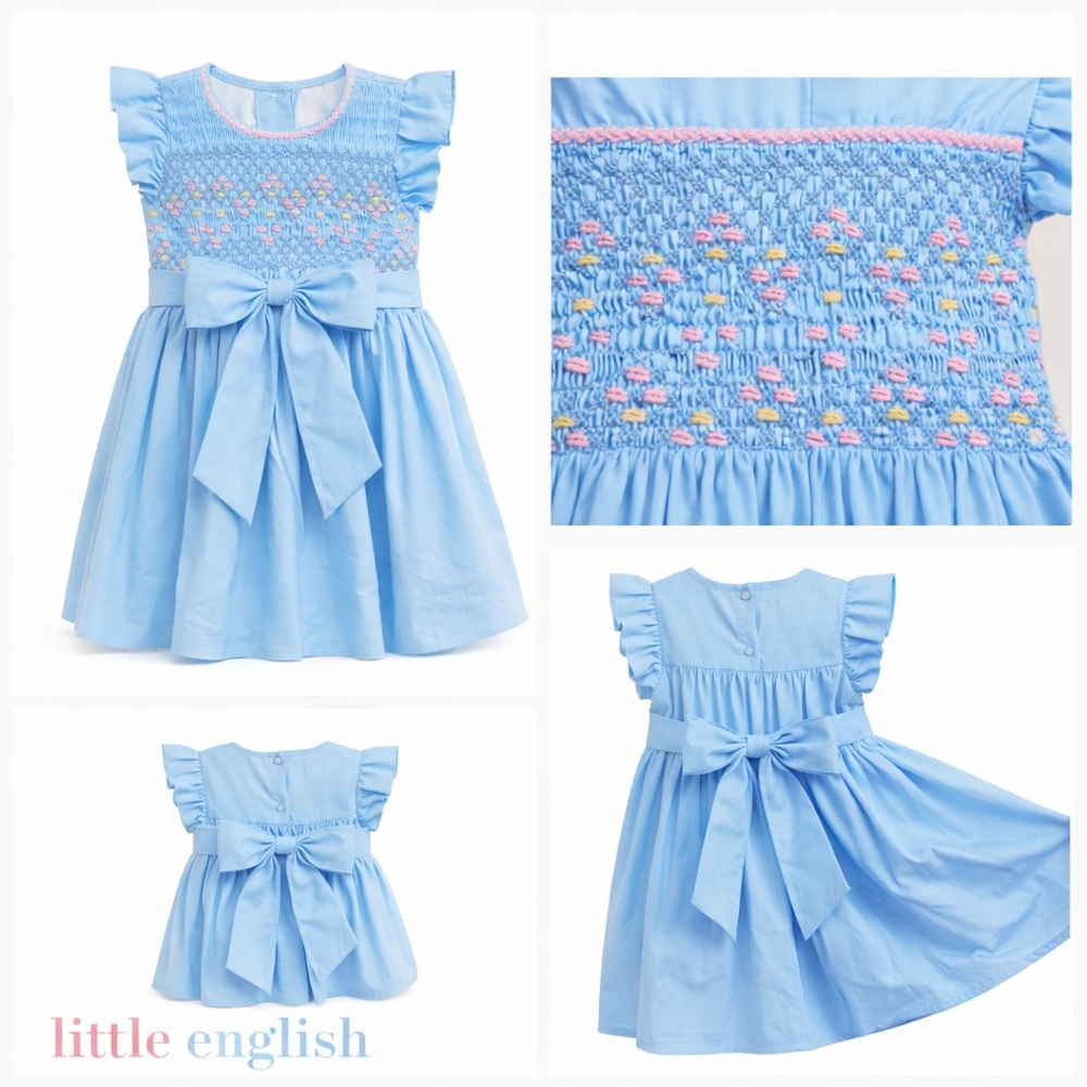 Little English Hand-Smocked Blue Floral Bishop Dress Heirloom Portrait | 3T-4T